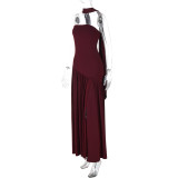Women’s Summer Sexy Strapless Slit Low Back Sash Solid Color Slim Fit Maxi Dress