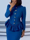 Women’s Chic Career Slim Waist Stand Collar Ruffle Long Sleeve Top and Bodycon Skirt Two-Piece Set
