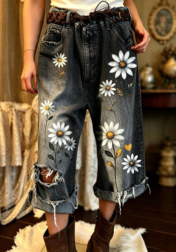 Women’s American Y2K Washed Daisy Print Ripped Cropped Wide Leg Mom Denim Pants