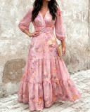 Women’s Floral Print Chiffon V-Neck Three-Quarter Sleeve Layered Ruffle Slim Waist Maxi Dress