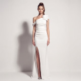 Women’s Formal Party One Shoulder Satin Beaded Floral High Slit Maxi Dress