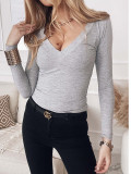 Women’s Solid Color Deep V-Neck Long Sleeve Slim Fit Tight Fitting Basic Top