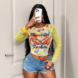 Women’s Butterfly Print Mesh Cropped Top Leopard Print Long Sleeve See-Through Slim Fit Crop T-Shirt