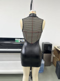 Women’s Sexy Stretch Knitted Sleeveless Front-Zip Low Back Mesh Patchwork Tight Fitting Bodycon Mini Dress