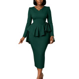 Women’s Formal Party V-Neck Ruffle Slim Waist Bodycon Midi Dress