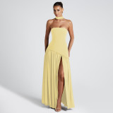 Women’s Summer Sexy Strapless Slit Low Back Sash Solid Color Slim Fit Maxi Dress