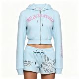 Women’s Casual Printed Cropped Zip-Up Hooded Top and Athletic Shorts Two-Piece Set