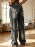 Women’s High Waist Washed Printed Ripped Baggy Denim Pants