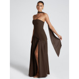 Women’s Summer Sexy Strapless Slit Low Back Sash Solid Color Slim Fit Maxi Dress