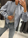 Women’s Autumn Winter Ribbed Collar and Single-Breasted Button Baseball Bomber Jacket