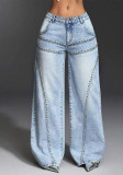 Women’s High Street Rivet Embellished Wide Leg Denim Pants
