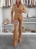 Women’s Luxury Career Double-Breasted Buttons and Pockets Blazer and Wide Leg Pants Two-Piece Set
