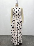 Women’s Chic African Fashion Sleeveless Halter Neck Polka Dot Cropped Top and Tiered Maxi Skirt Two-Piece Set
