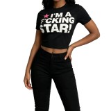 Women’s Summer Round Neck Printed Slim Fit Tight Fitting Short Sleeve Crop T-Shirt