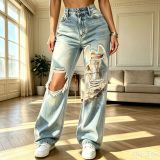 Women’s High Waist Washed Printed Ripped Baggy Denim Pants