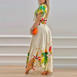 Women’s Summer Fashion Printed Bat Sleeve Loose Top and Maxi Skirt Two-Piece Set