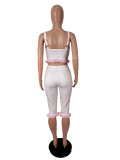 Women’s Sexy Fashion Striped Print Sleeveless Ruffle Top and Capri Pants Two-Piece Set
