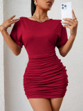 Women’s Summer Casual Solid Color Slim Waist Short Sleeve Tight Fitting Mini Dress