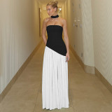 Women’s Summer Sexy Strapless Slit Low Back Sash Solid Color Slim Fit Maxi Dress