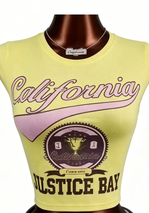 Women’s American Style Printed Cropped Sleeveless California Letter Slim Fit Tank Top