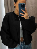 Women’s Autumn Winter Streetwear Round Neck Balloon Sleeves Zip-Up Baseball Bomber Jacket