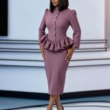 Women’s Chic Career Slim Waist Stand Collar Ruffle Long Sleeve Top and Bodycon Skirt Two-Piece Set