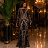 Women’s Round Neck Long Sleeve Sequin Slim Fit Party Maxi Dress