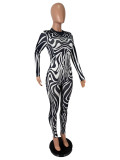 Women’s Sexy Fashion Black and White Zebra Print Long Sleeve Jumpsuit