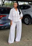 Women’s Plus Size African Casual Loose Three-Quarter Sleeve Turndown Collar Button-Up White Shirt and Pants Two-Piece Set