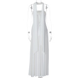Women’s Summer Sexy Strapless Slit Low Back Sash Solid Color Slim Fit Maxi Dress