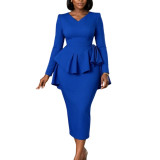 Women’s Formal Party V-Neck Ruffle Slim Waist Bodycon Midi Dress