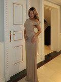 Women’s Fully Rhinestone Embellished Slash Shoulder One-Shoulder Ruched Slim Waist Bodycon Maxi Dress