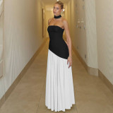 Women’s Summer Sexy Strapless Slit Low Back Sash Solid Color Slim Fit Maxi Dress
