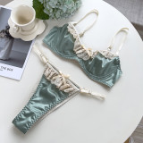 Women’s Sexy Solid Satin Ruffle Trim Underwire Push-Up Bra and Thong Lingerie Set