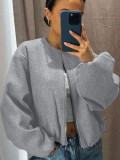 Women’s Autumn Winter Streetwear Round Neck Balloon Sleeves Zip-Up Baseball Bomber Jacket