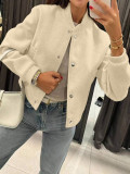 Women’s Autumn Winter Ribbed Collar and Single-Breasted Button Baseball Bomber Jacket