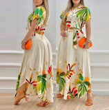 Women’s Summer Fashion Printed Bat Sleeve Loose Top and Maxi Skirt Two-Piece Set