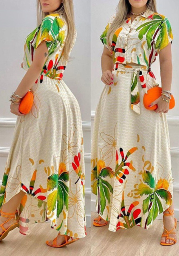 Women’s Summer Fashion Printed Bat Sleeve Loose Top and Maxi Skirt Two-Piece Set