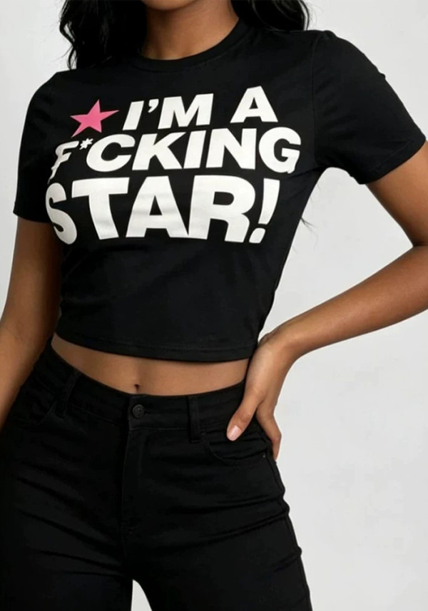 Women’s Summer Round Neck Printed Slim Fit Tight Fitting Short Sleeve Crop T-Shirt