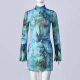 Women’s Tie-Dye Print Stretch Stand Collar Flared Sleeve Long Sleeve Slit Bodycon Dress