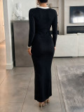 Women’s Chic Long Sleeve V-Neck Patchwork Colorblock Knitted Slim Fit Bodycon Midi Dress