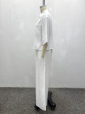 Women’s Plus Size African Casual Loose Three-Quarter Sleeve Turndown Collar Button-Up White Shirt and Pants Two-Piece Set