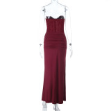 Women’s Sexy Strapless Solid Color Sash Slim Waist Slim Fit Maxi Dress
