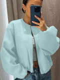 Women’s Autumn Winter Streetwear Round Neck Balloon Sleeves Zip-Up Baseball Bomber Jacket