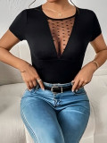 Women’s Summer Solid Color Mesh Contrast Heart Print T-Shirt