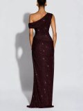 Women’s Fully Rhinestone Embellished Slash Shoulder One-Shoulder Ruched Slim Waist Bodycon Maxi Dress