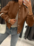Women’s Autumn Winter Ribbed Collar and Single-Breasted Button Baseball Bomber Jacket