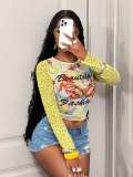 Women’s Butterfly Print Mesh Cropped Top Leopard Print Long Sleeve See-Through Slim Fit Crop T-Shirt