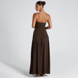 Women’s Summer Sexy Strapless Slit Low Back Sash Solid Color Slim Fit Maxi Dress