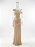 Women’s Fully Rhinestone Embellished Slash Shoulder One-Shoulder Ruched Slim Waist Bodycon Maxi Dress
